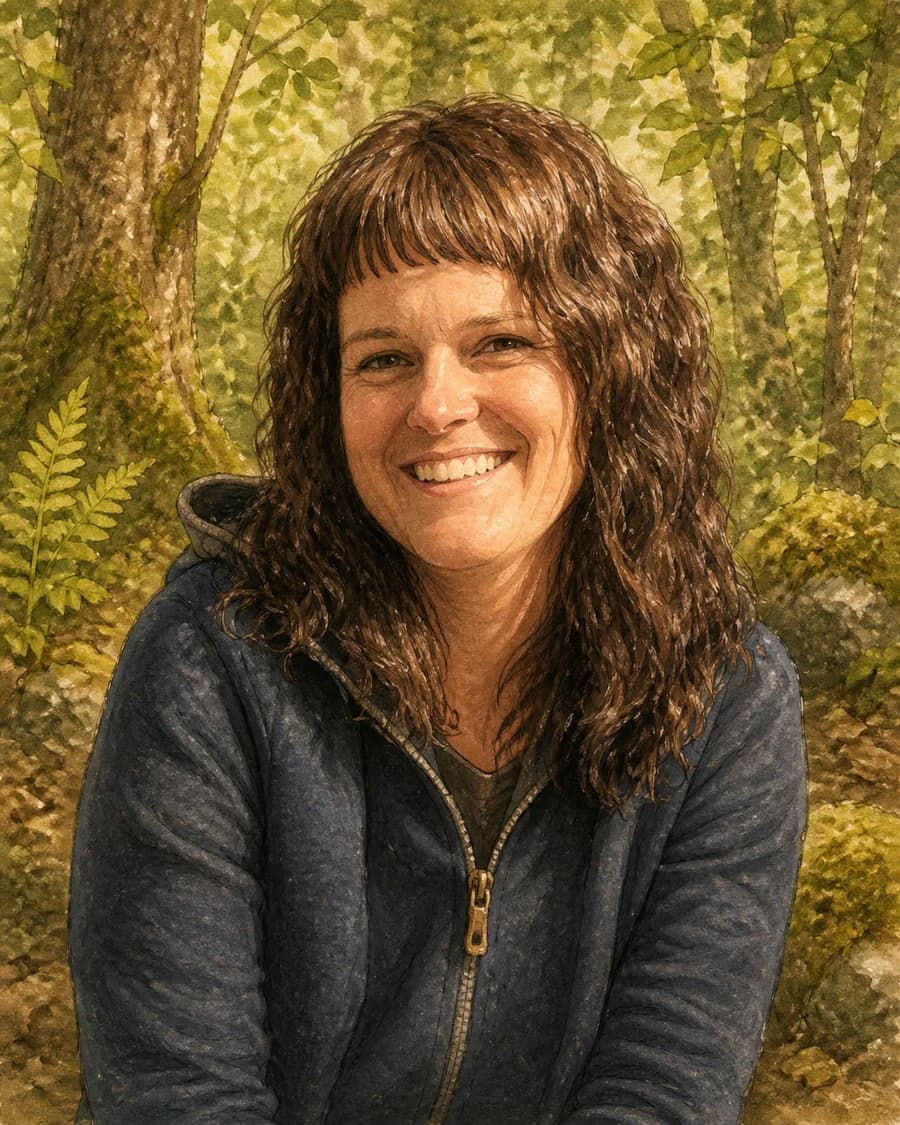 Gezeichnetes Porträt von Sandra Binkert im Wald