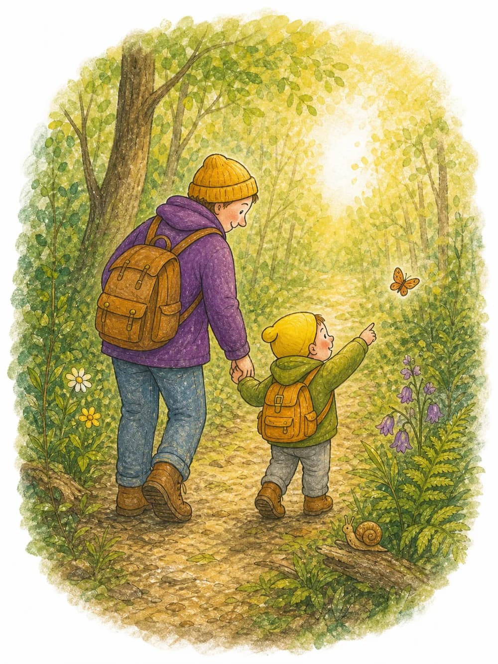 Kleines Kind erkundet mit einer vertrauten Begleitperson den Wald