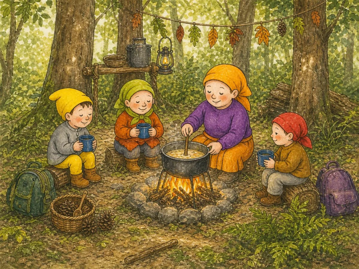 Kinder und Leiterin essen gemeinsam am Feuer im Wald