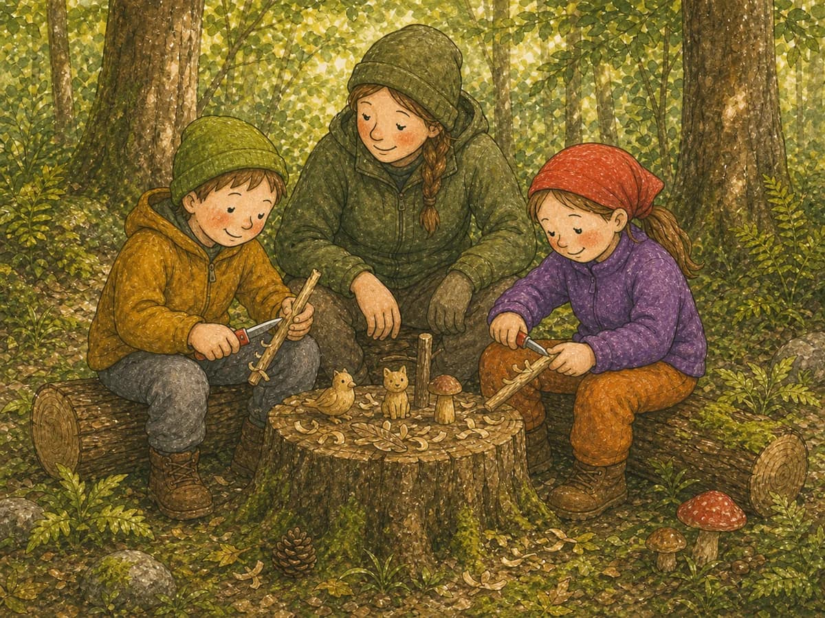 Zwei Kinder schnitzen unter sicherer Begleitung Äste im Wald