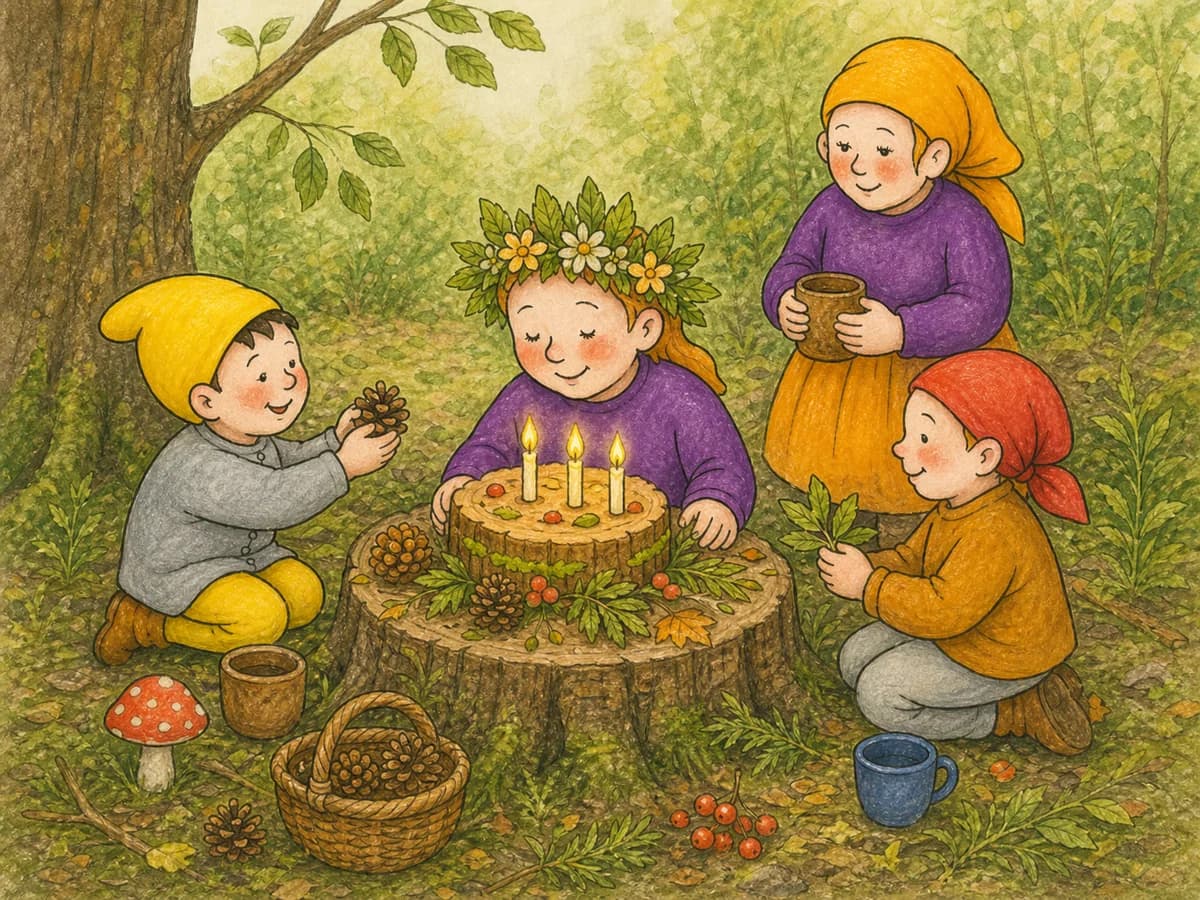Kinder feiern einen geschmückten Geburtstag am Waldsofa