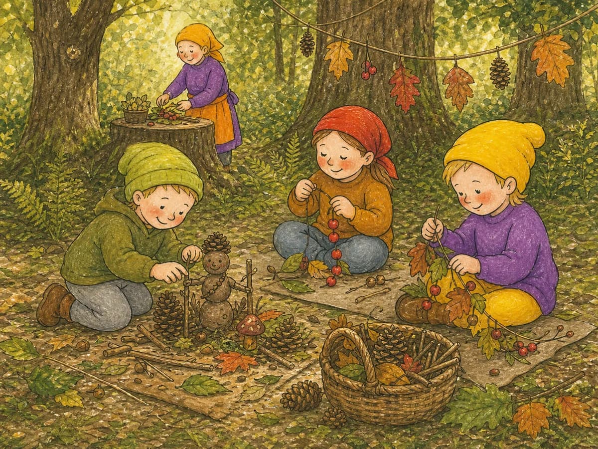 Kinder gestalten gemeinsam mit Naturmaterialien im Wald
