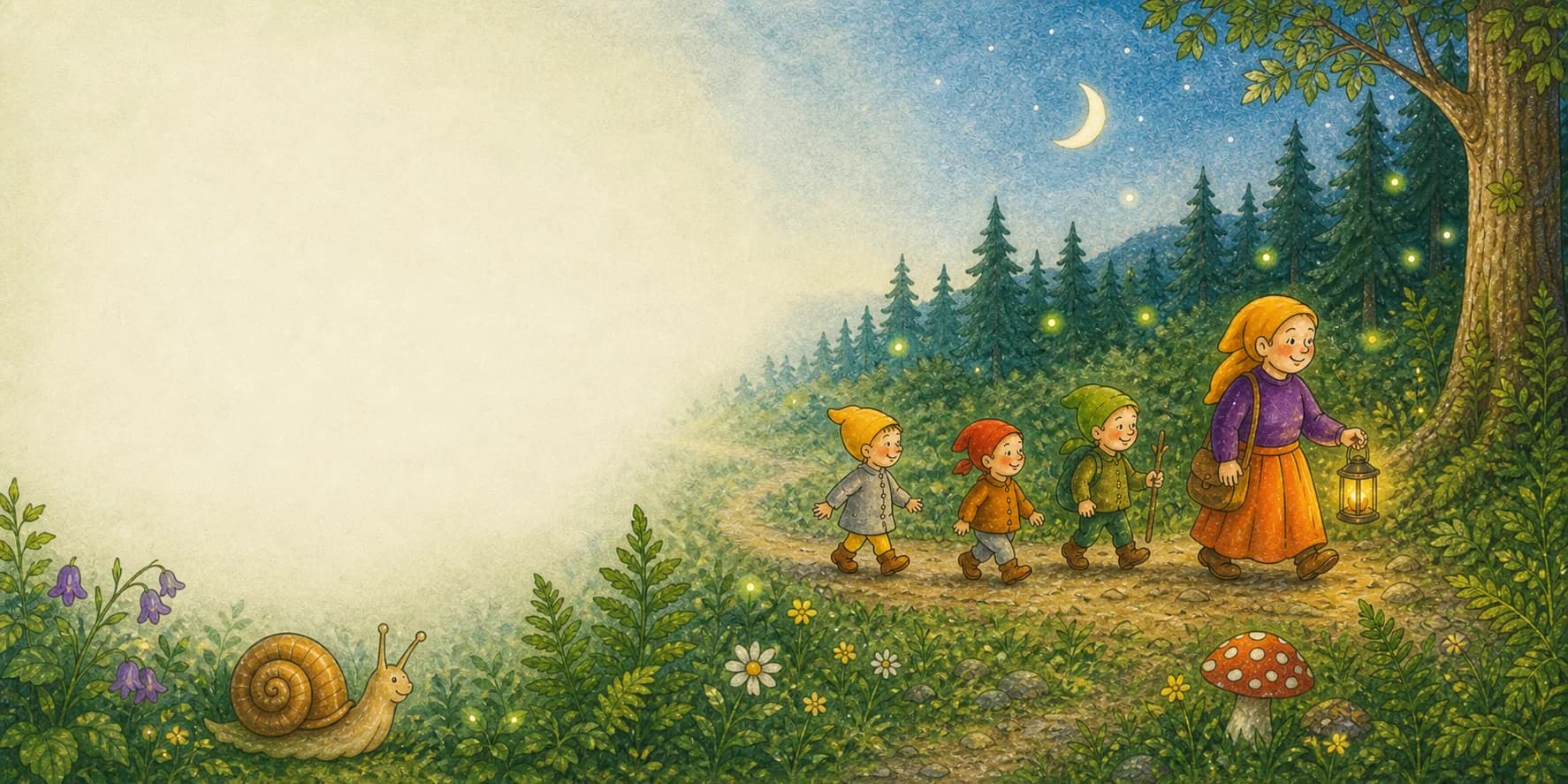 Kinder gehen am Abend gemeinsam aus dem Wald