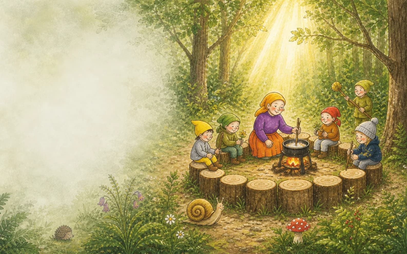 Kinder und Waldspielgruppenleiterin am sonnigen Waldsofa