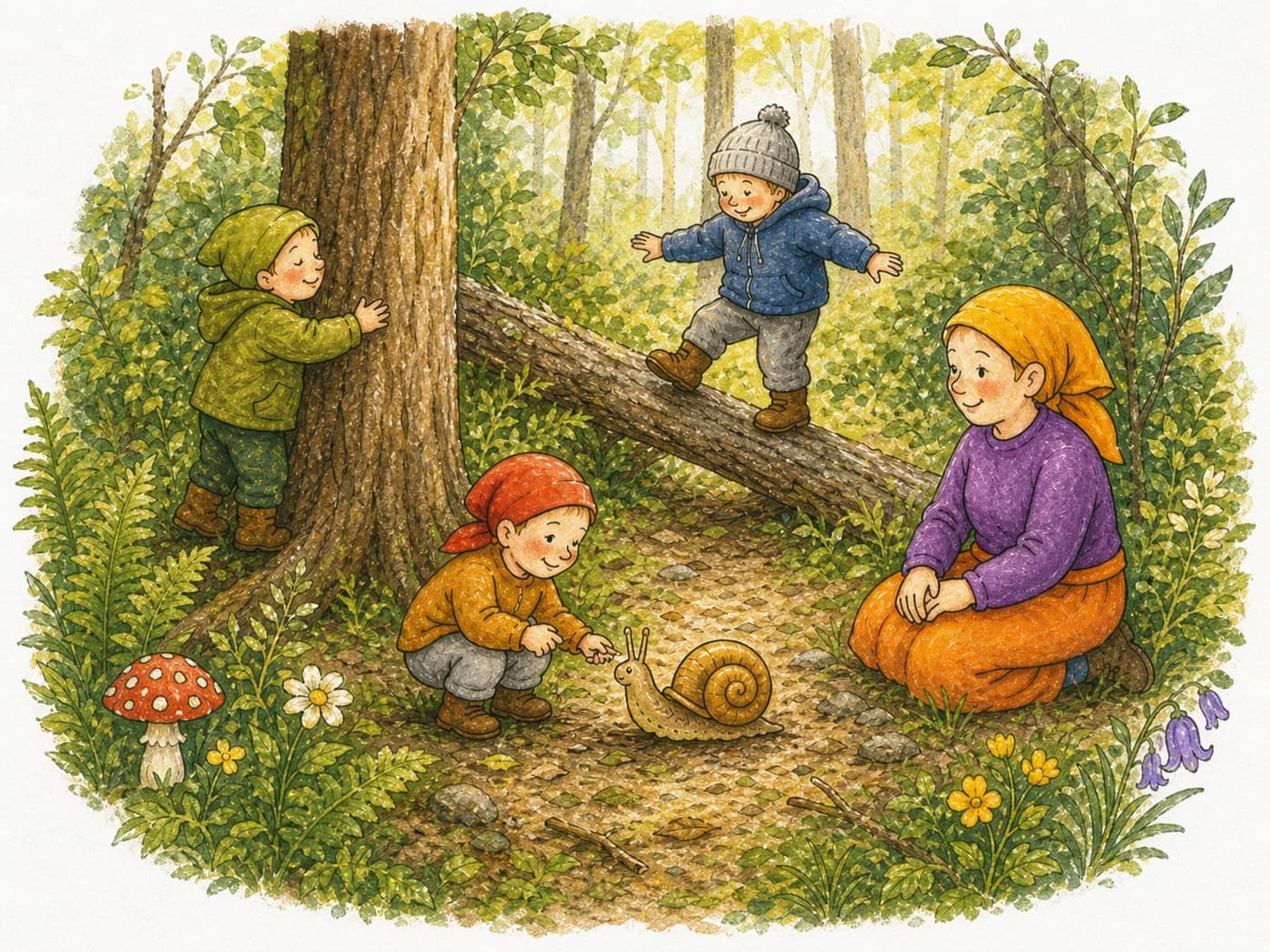 Kinder entdecken gemeinsam mit ihrer Leiterin den Wald